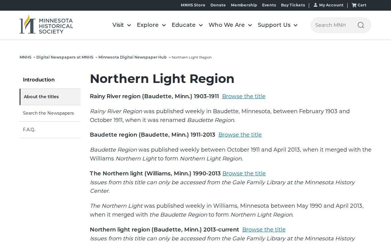 Minnesota Historical Society Northern Light archive source for Roosevelt Lake of the Woods County booking-record research